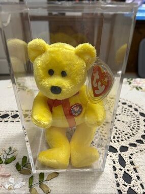 Ty Bright Yellow Beanie Bear with Red Ribbon